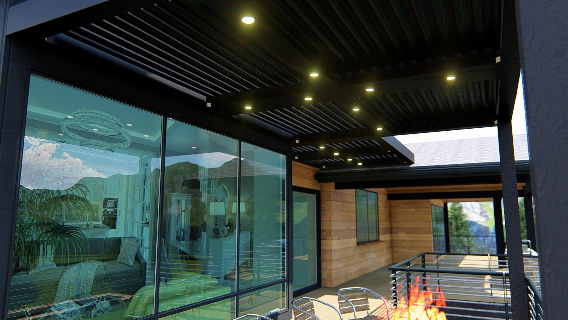 Modern outdoor patio with metal pergola, glass sliding doors, and a railing. Inside, a cozy living room is visible, reflecting a serene mountain view.