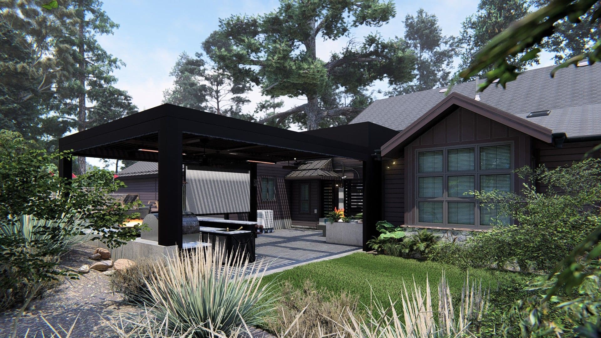 Modern patio with a sleek black pergola attached to a rustic house, surrounded by lush greenery and tall trees, creating a tranquil outdoor space.