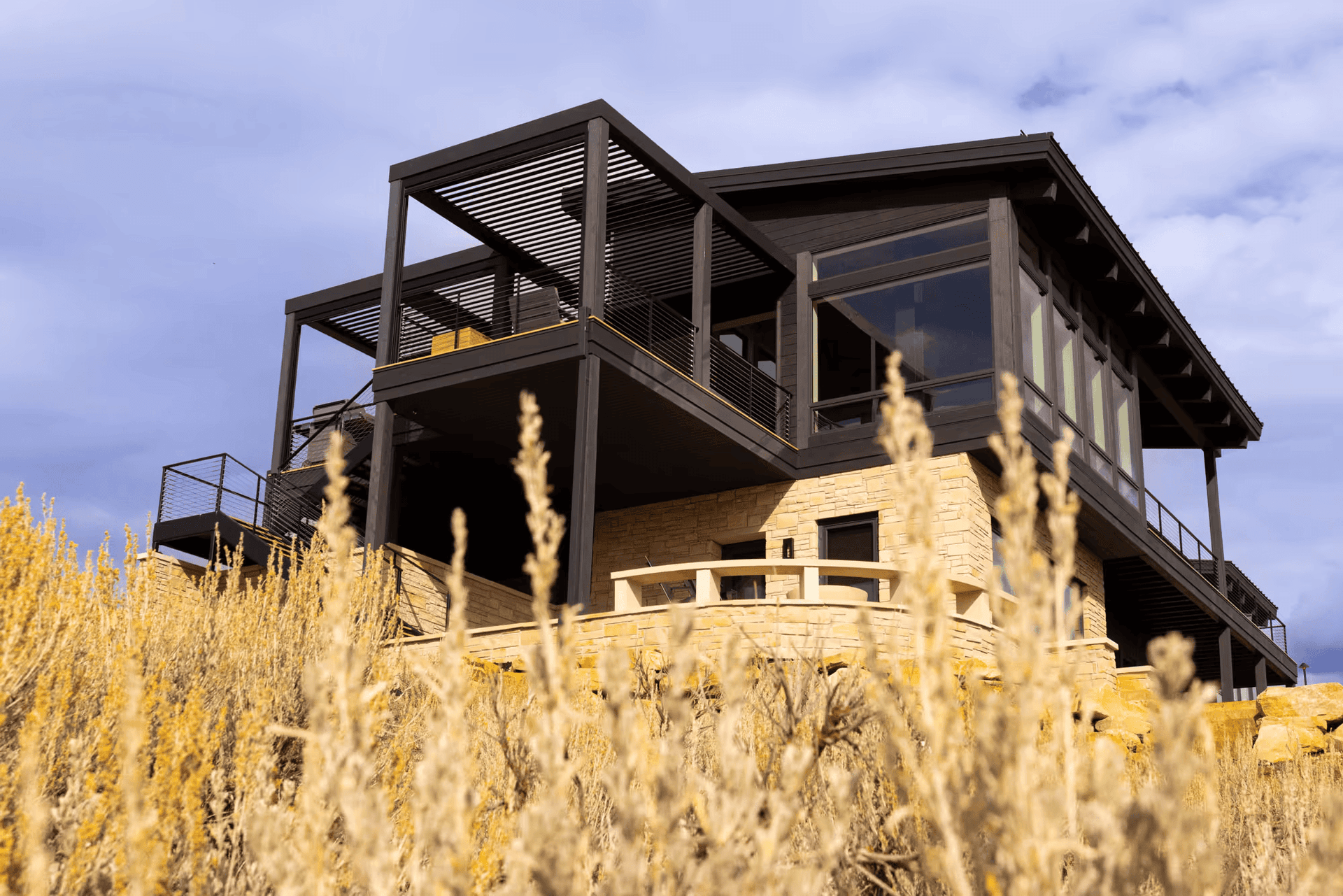 Modern hillside home with large windows and a dark frame, surrounded by tall grasses under a cloudy sky, conveying a sense of isolation and tranquility.